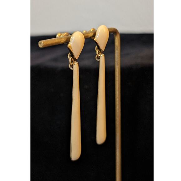 Vintage Monet Tan Enamel Gold Tone 2.5" Long Post Dangle Earrings - Picture 2 of 5